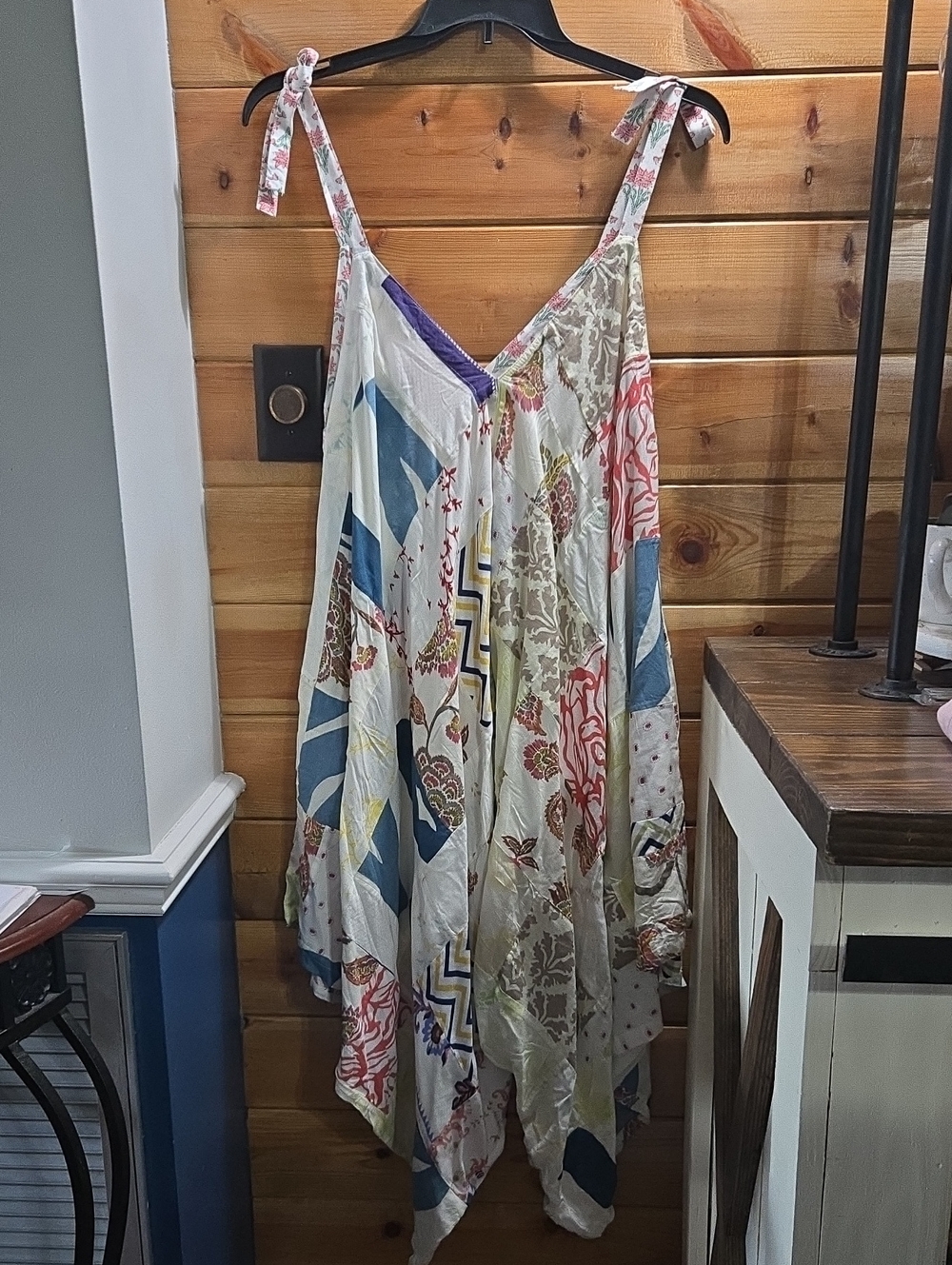 EARTHBOUND Cream Multi Patchwork Tie-Shoulder Romper. Small Super Oversized.
